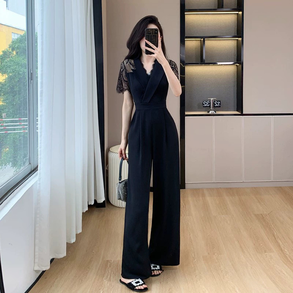 Queen Short Sleeve High Waist Lace Panel Cutout Straight Leg Jumpsuit for Summer